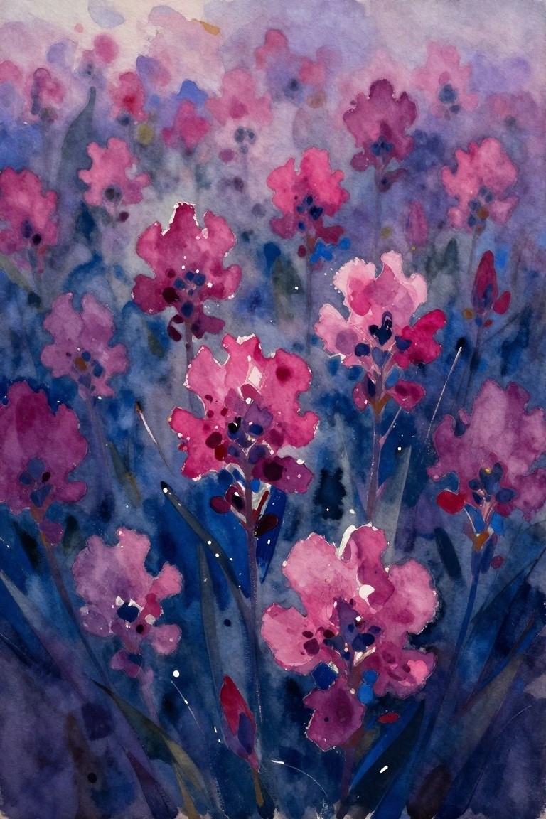 Vibrant pink watercolor flowers blooming against a blue-purple abstract background