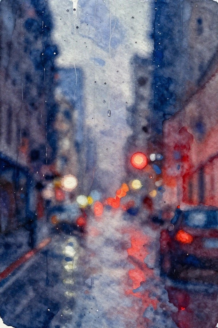 Watercolor of rainy nighttime city street with blurred red and yellow lights from cars