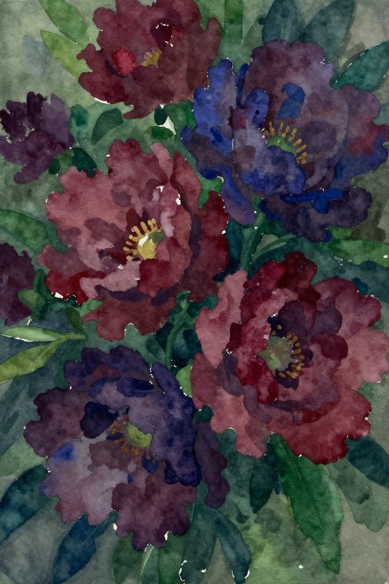 Watercolor painting of blooming peonies in red, purple, and blue with green leaves