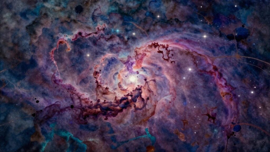 Vibrant watercolor nebula in swirling blues, purples, and greens with glowing stars.