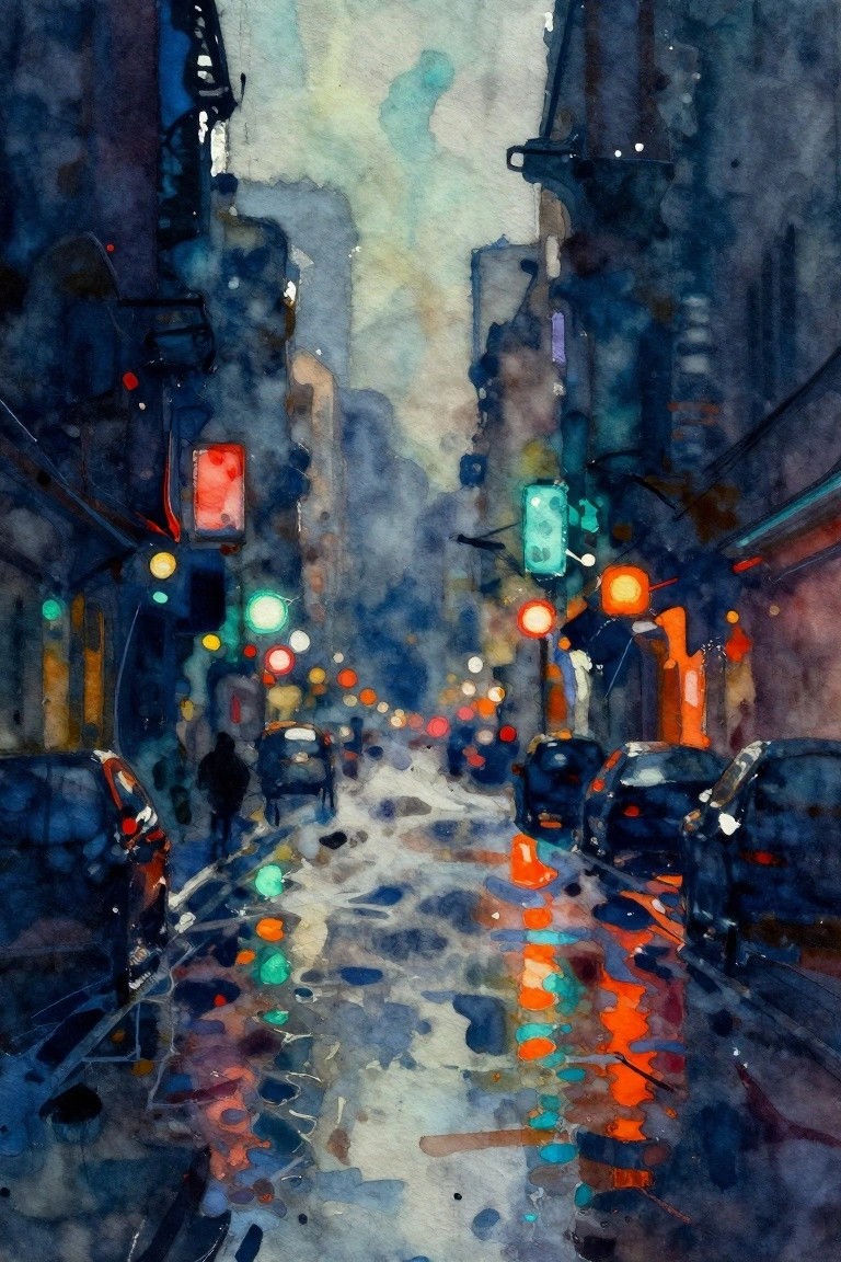 Watercolor of rainy nighttime city street with glowing traffic lights and colorful reflections.