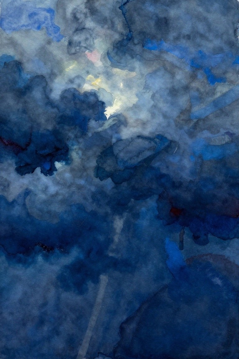 Abstract watercolor of swirling dark blue storm clouds with light breaking through