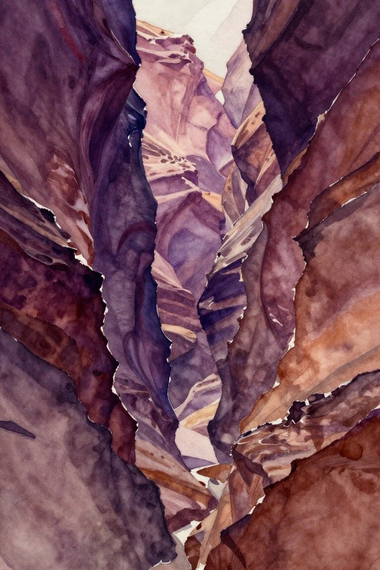 Watercolor of steep narrow canyon with layered purple brown and orange rock walls