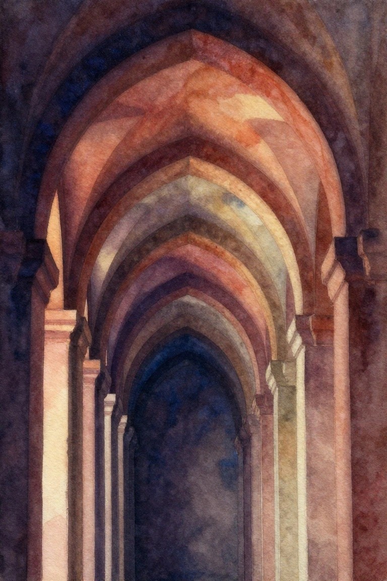 Gothic arches in warm watercolor hues recede between stone columns in a corridor