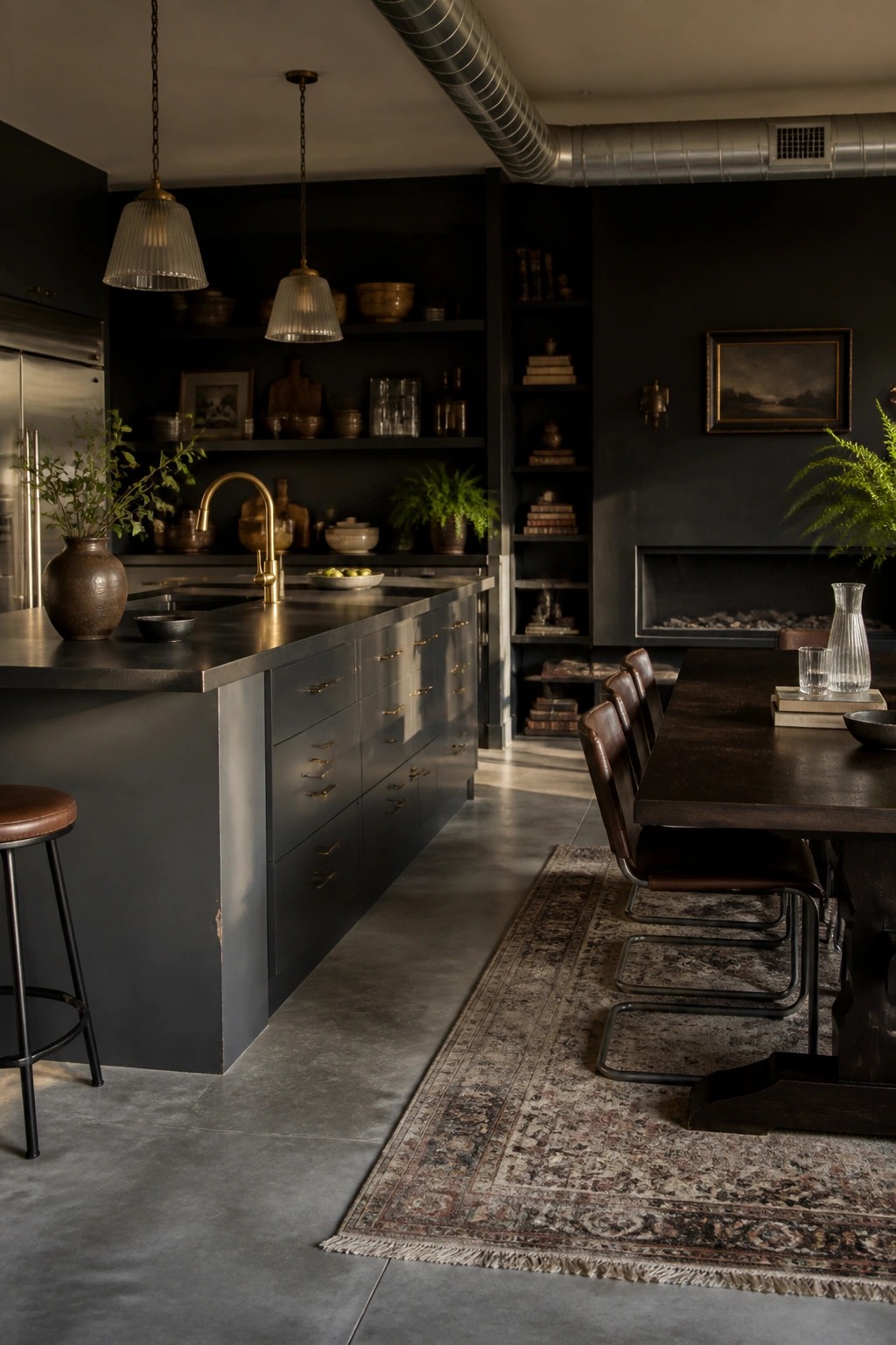 Dark charcoal walls and cabinets in an open kitchen and dining space.