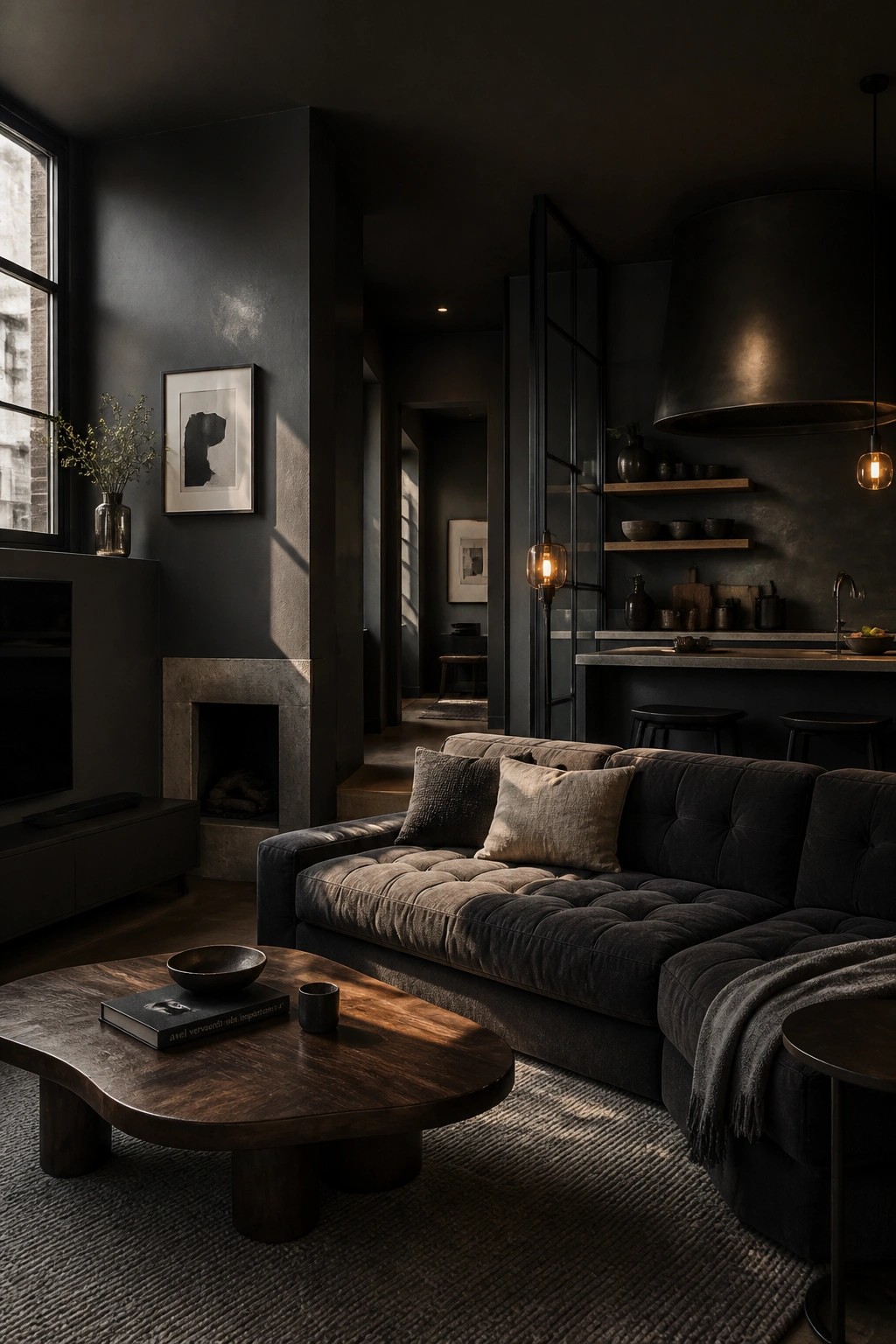 Open concept living space with deep charcoal gray walls and dark wood furniture.