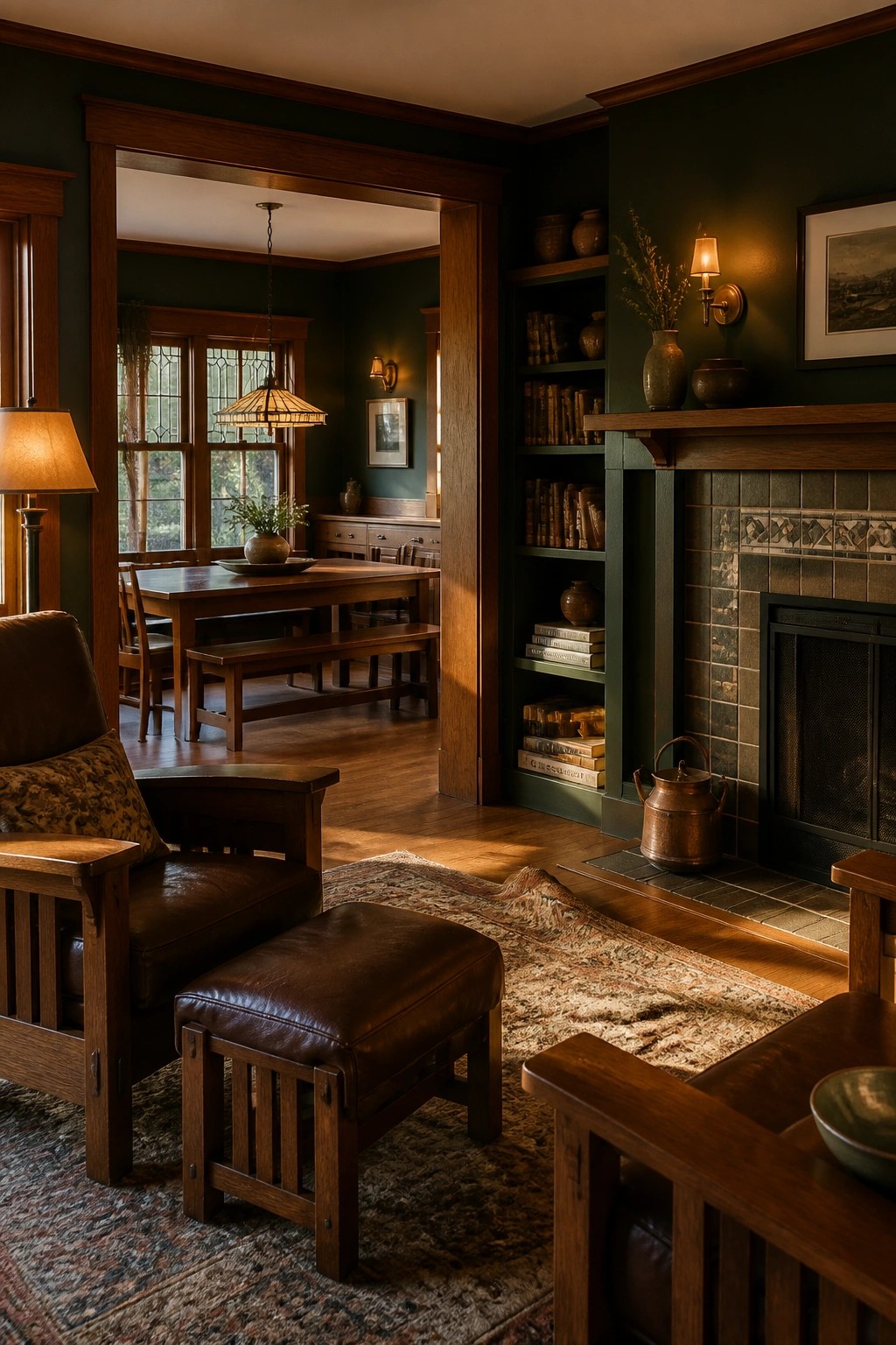 Dark green walls in a living room with wood trim and a fireplace.