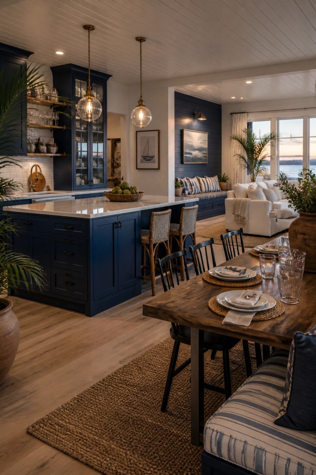 Deep navy blue kitchen cabinets in an open living area with a wooden dining table nearby.