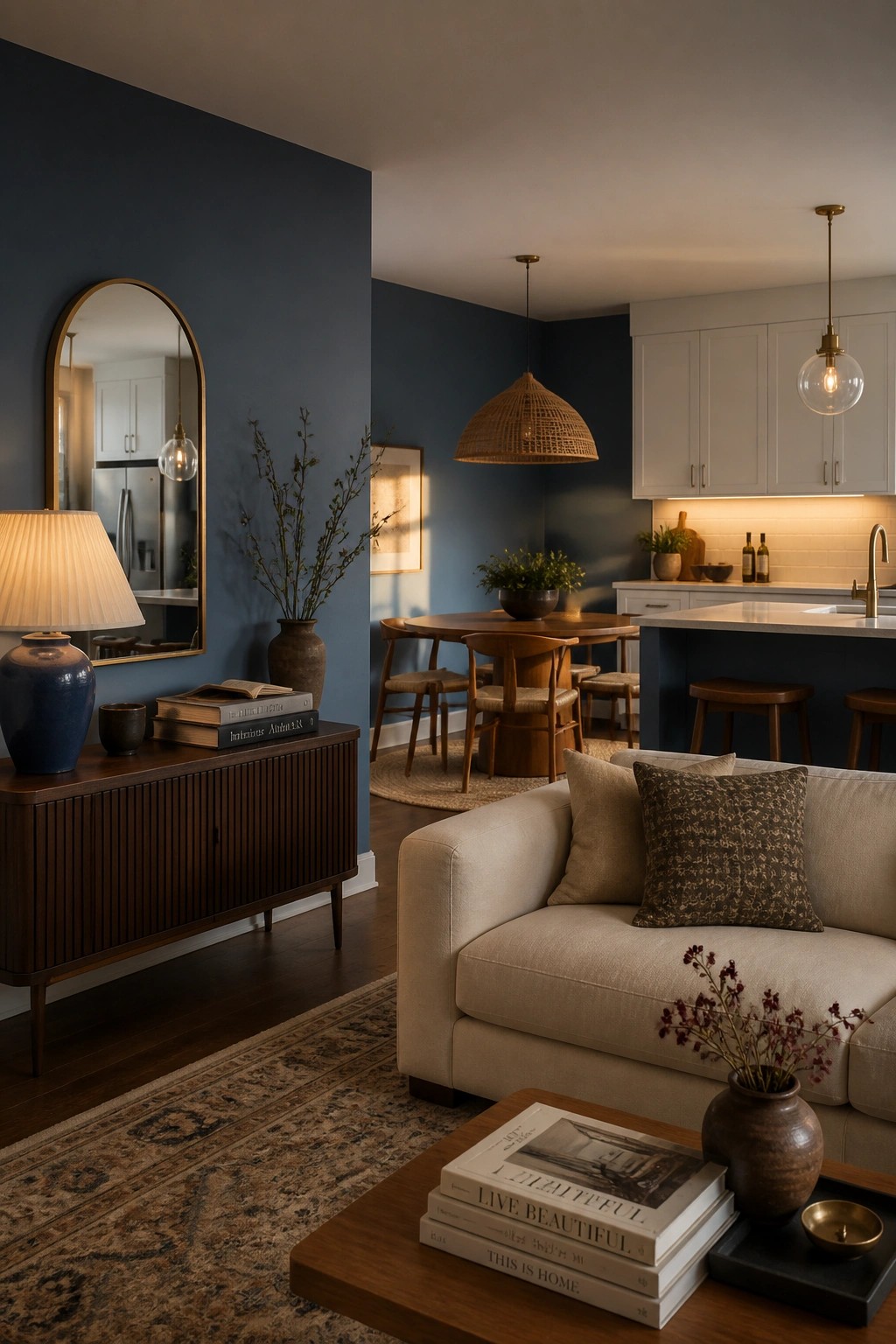Deep navy walls connect the living space to the kitchen in an open concept home.