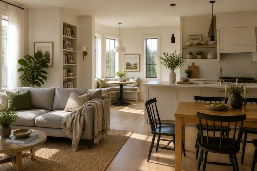 Warm creamy white walls in an open living and dining area with wood floors.