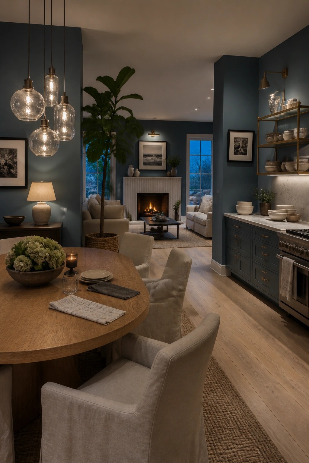 Deep blue walls connect the dining area, living room, and kitchen in an open concept layout.