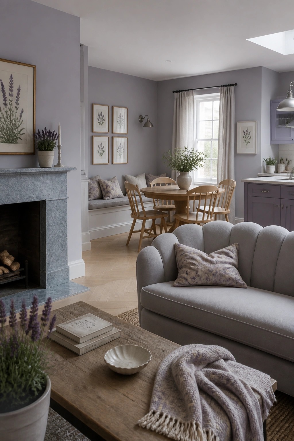 Light lavender gray walls in an open living area with wood floors.