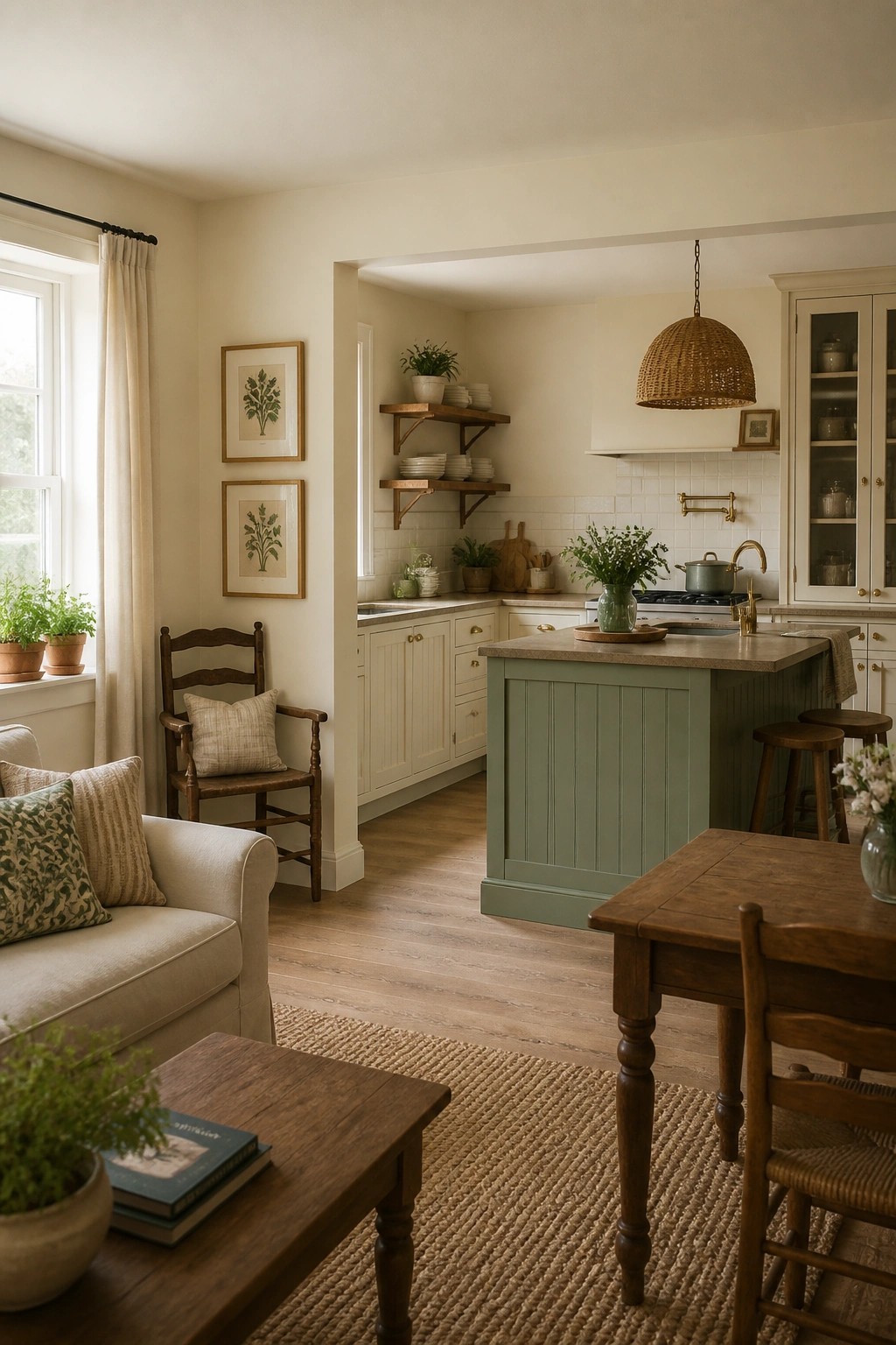 A kitchen island painted in soft sage green sits between cream cabinets and wood flooring.