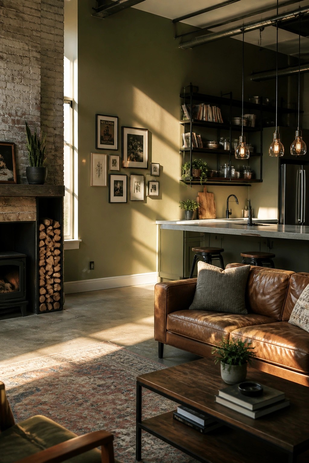 A muted sage green wall in an open living space with brick and wood accents.
