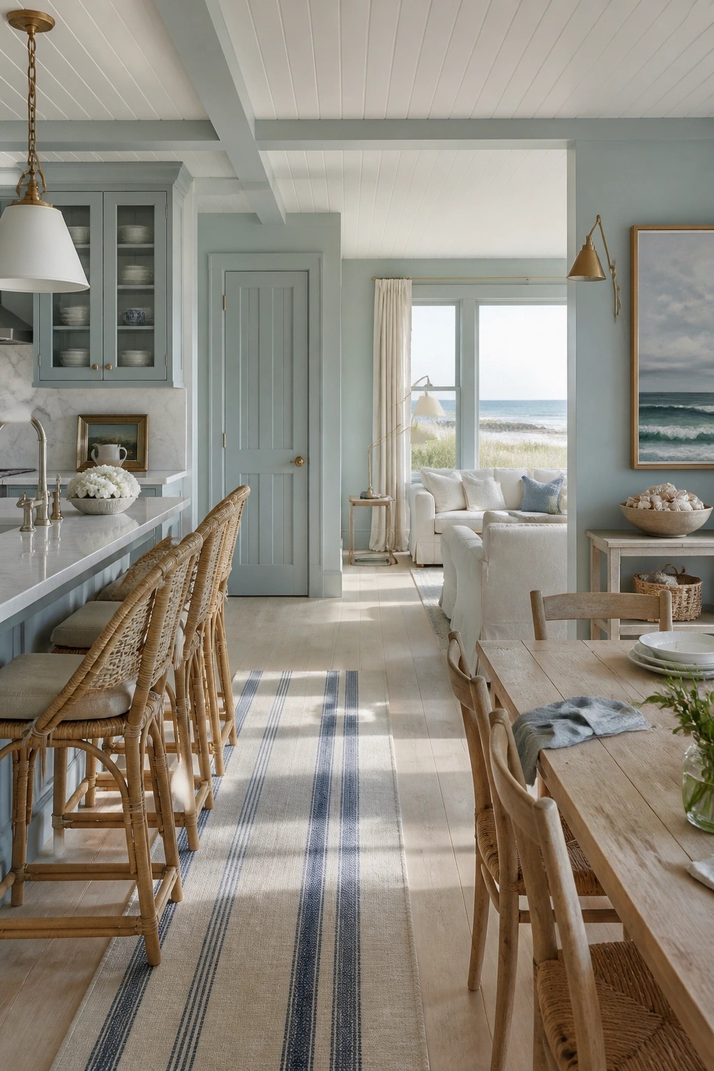 Light sage green walls and cabinets in an open kitchen and dining space.