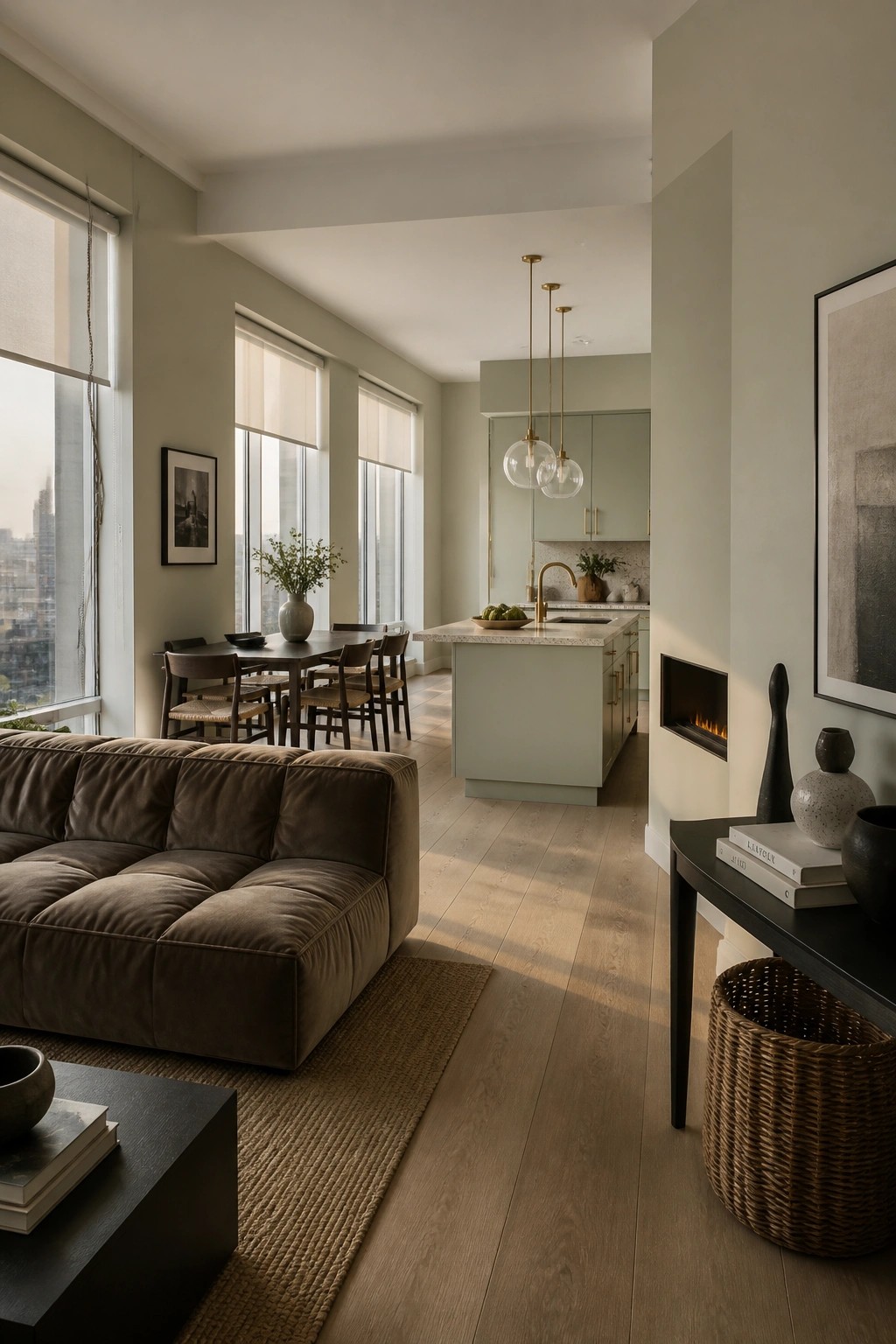Light sage green walls in an open concept living room and kitchen with wood floors.