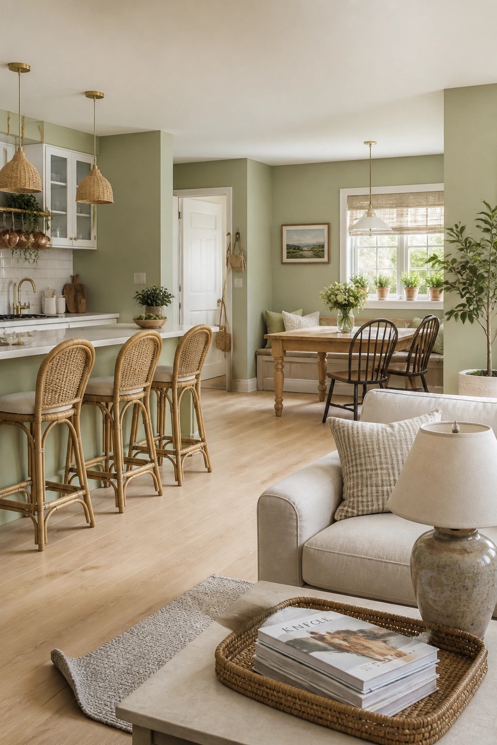 Open concept kitchen and living area painted in a soft sage green.