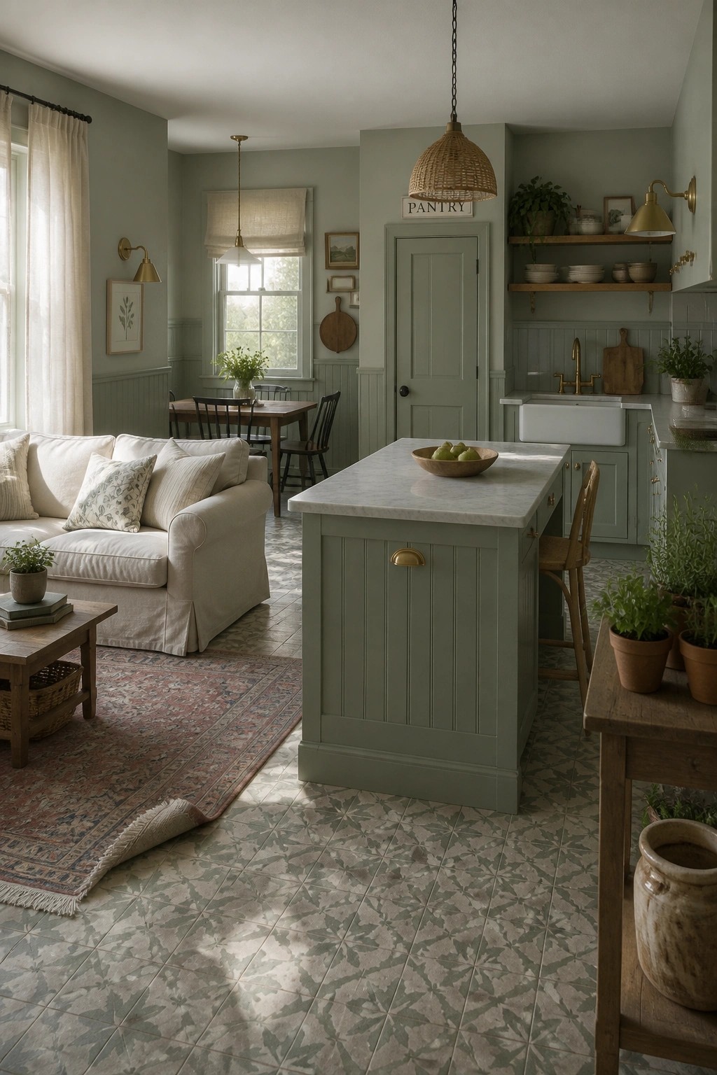 Soft sage green walls and cabinetry in an open kitchen and living space.