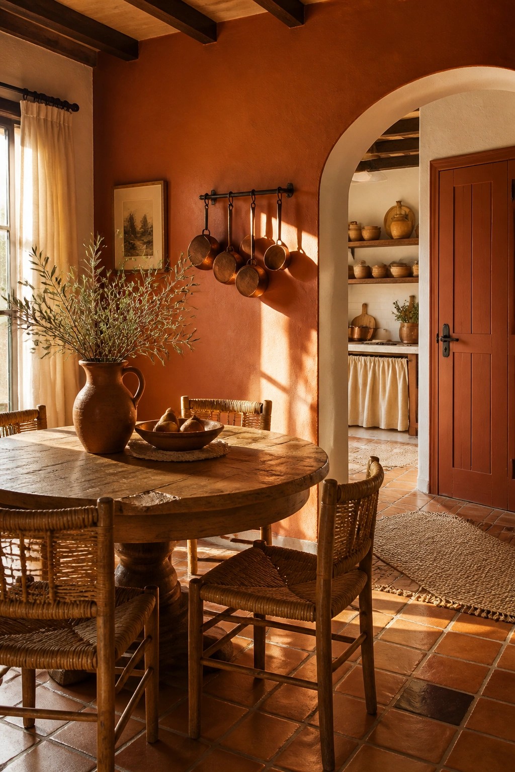 Terracotta walls in an open dining space with wood furniture and tile floors.