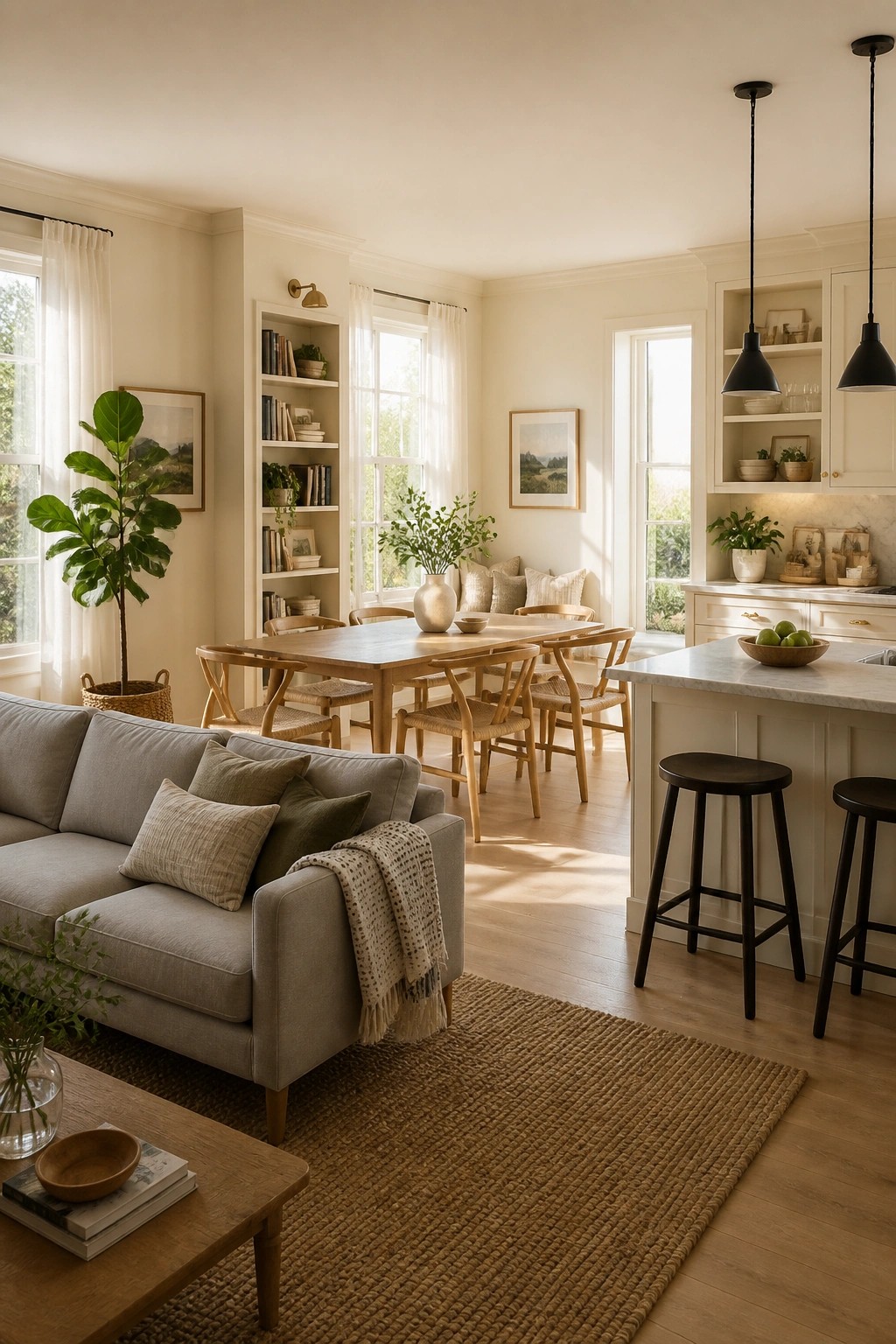 Warm creamy white walls in an open living and dining area with wood floors.