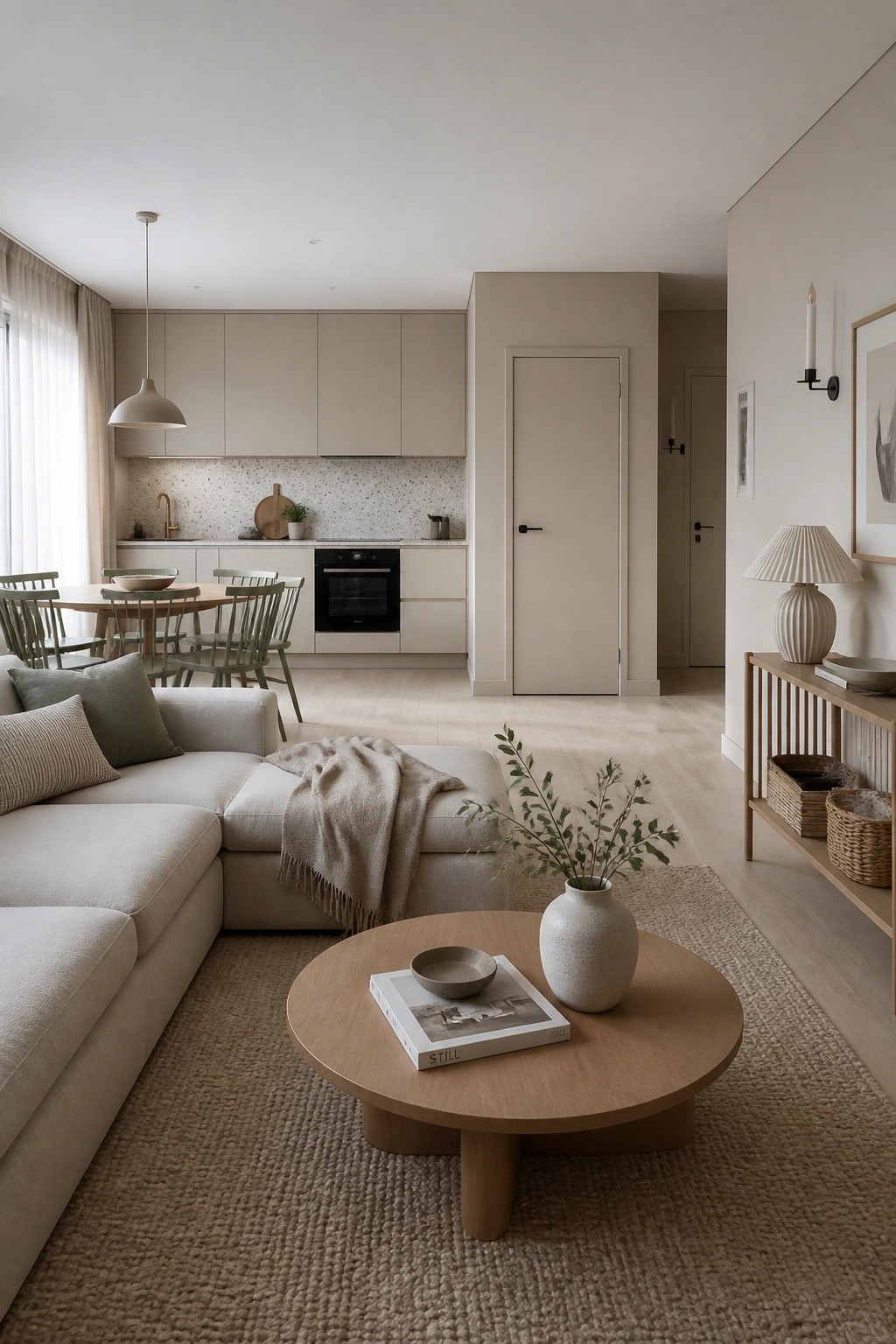 Light warm greige walls and matching cabinets in an open living and kitchen space.