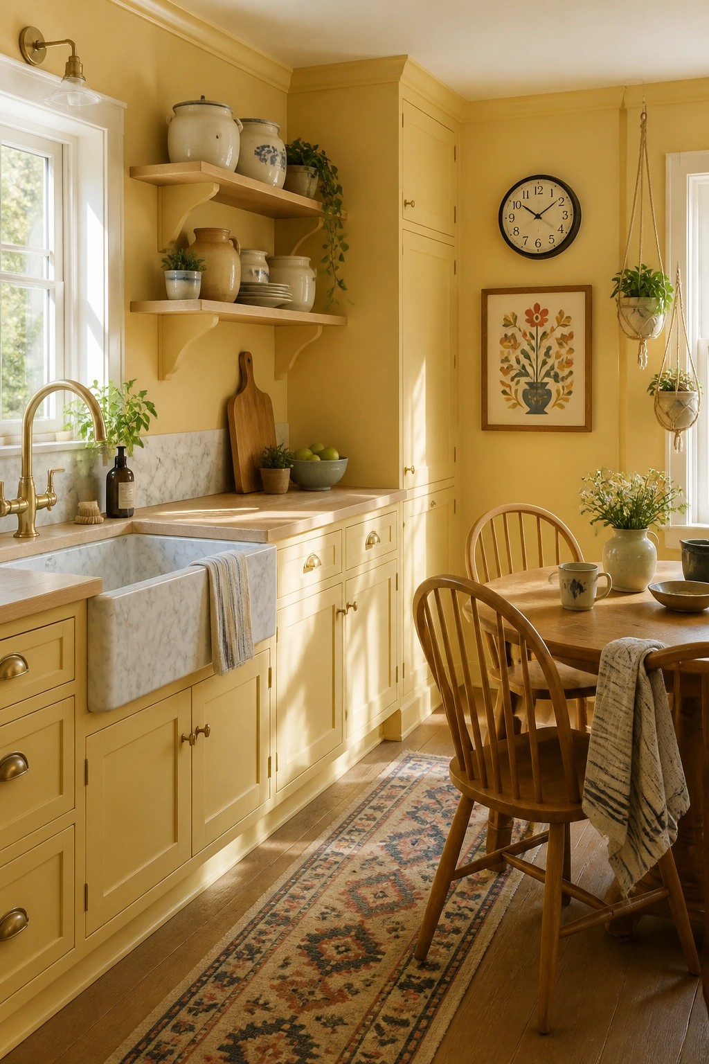 A kitchen and dining area with walls and cabinets painted in a soft warm yellow.