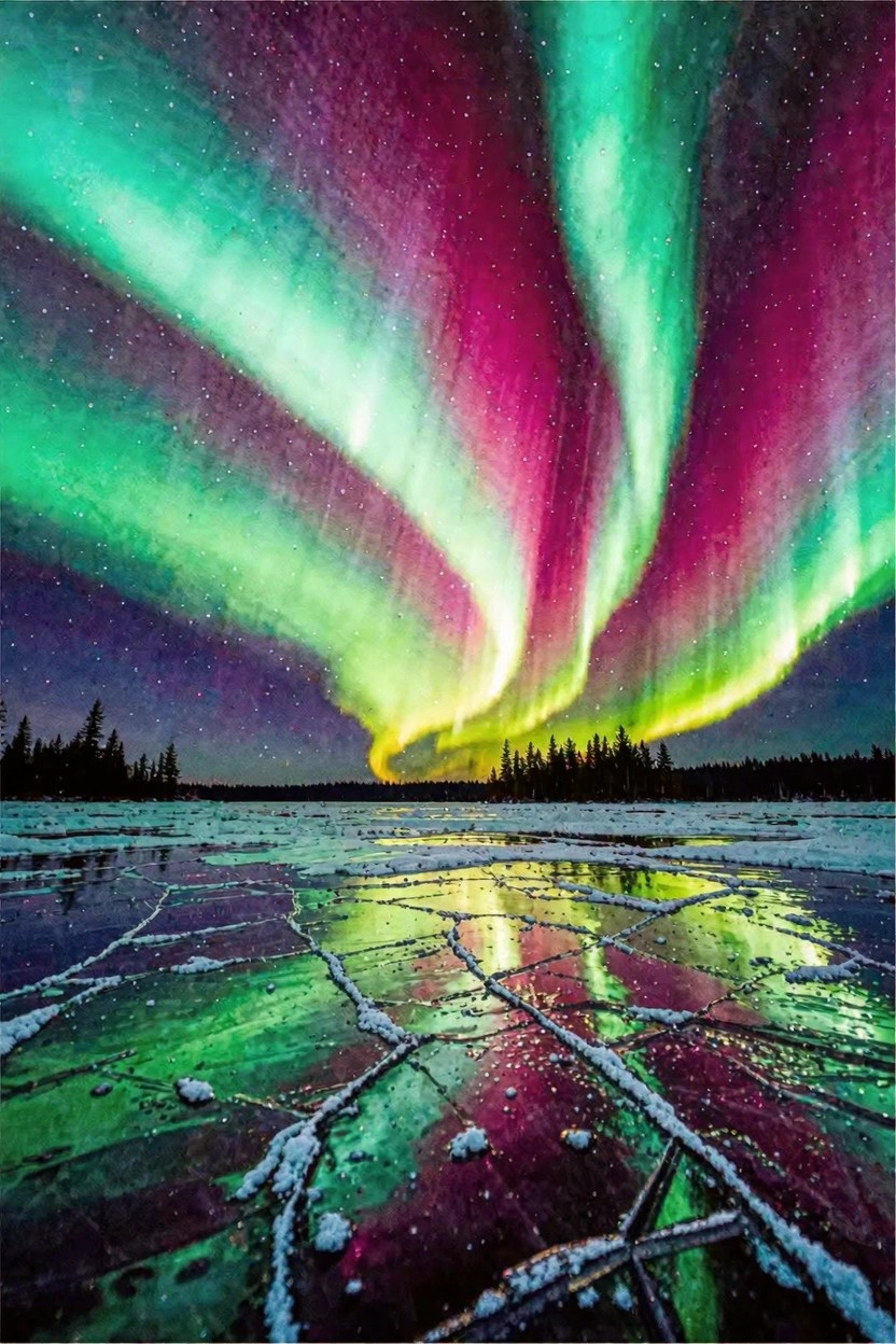 A realistic painting of vibrant green and pink aurora borealis reflected on a cracked frozen lake with snow-covered ice and distant trees under a starry sky.