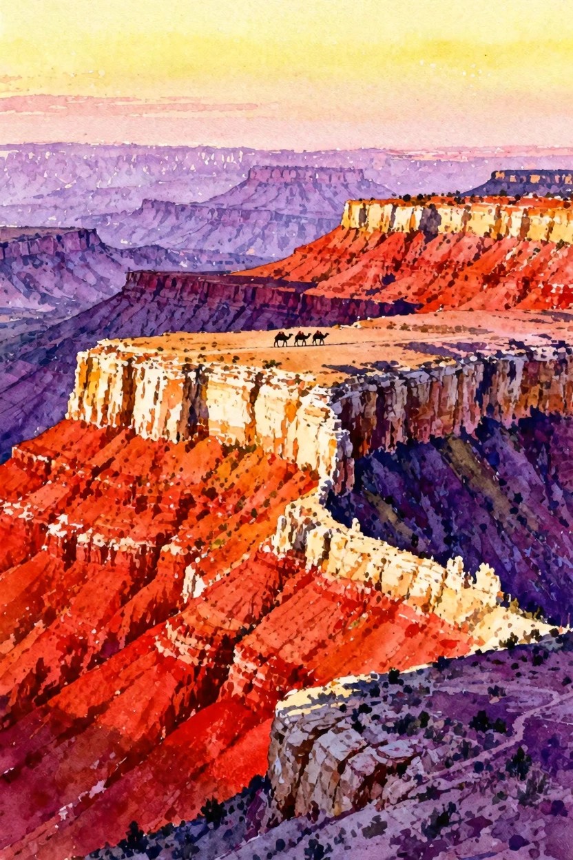 Watercolor of vibrant Grand Canyon cliffs with three camels on a mesa at sunset