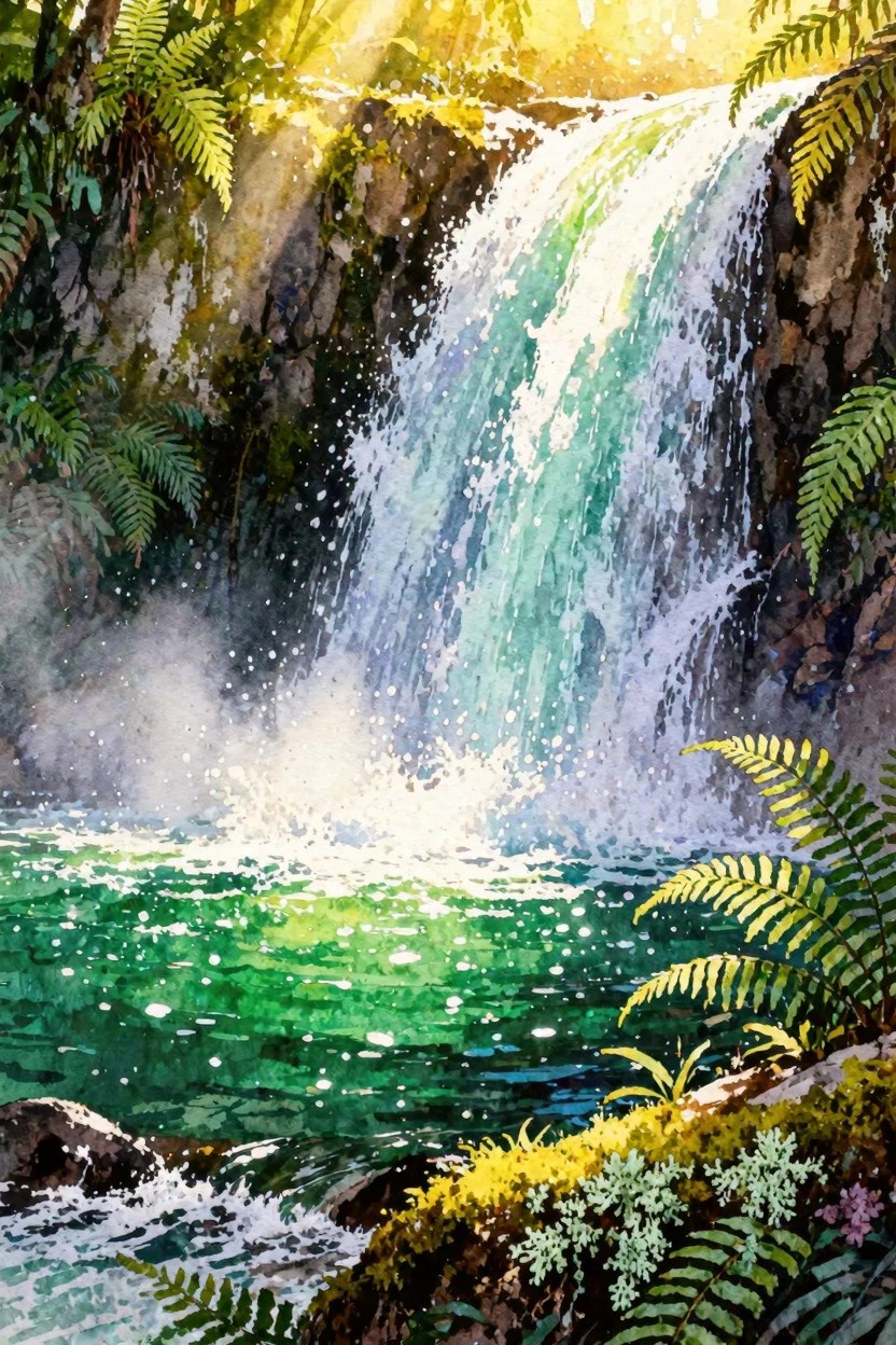 A watercolor painting of a bright waterfall cascading into a green pool surrounded by ferns and rocks with sunlight rays shining through the trees.