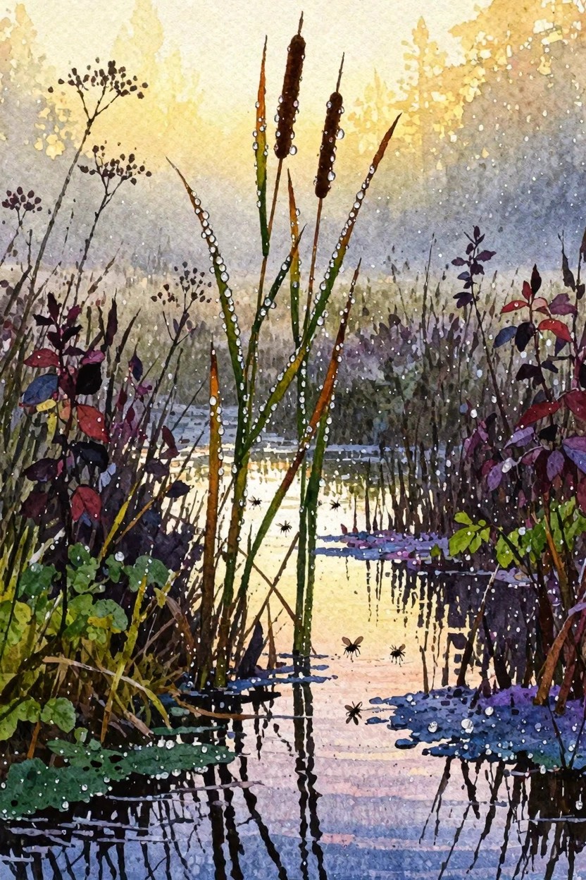 Watercolor of dewy cattails and reeds by a misty golden pond.