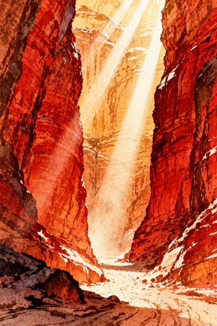 A painting of a narrow red rock canyon with bright sunlight beams shining down onto a sandy path between the cliffs.