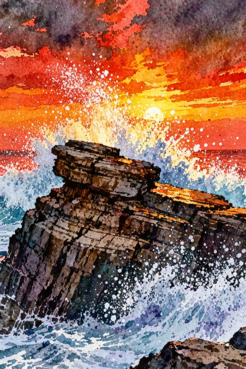 Watercolor seascape of waves crashing on rocky cliffs beneath fiery sunset sky