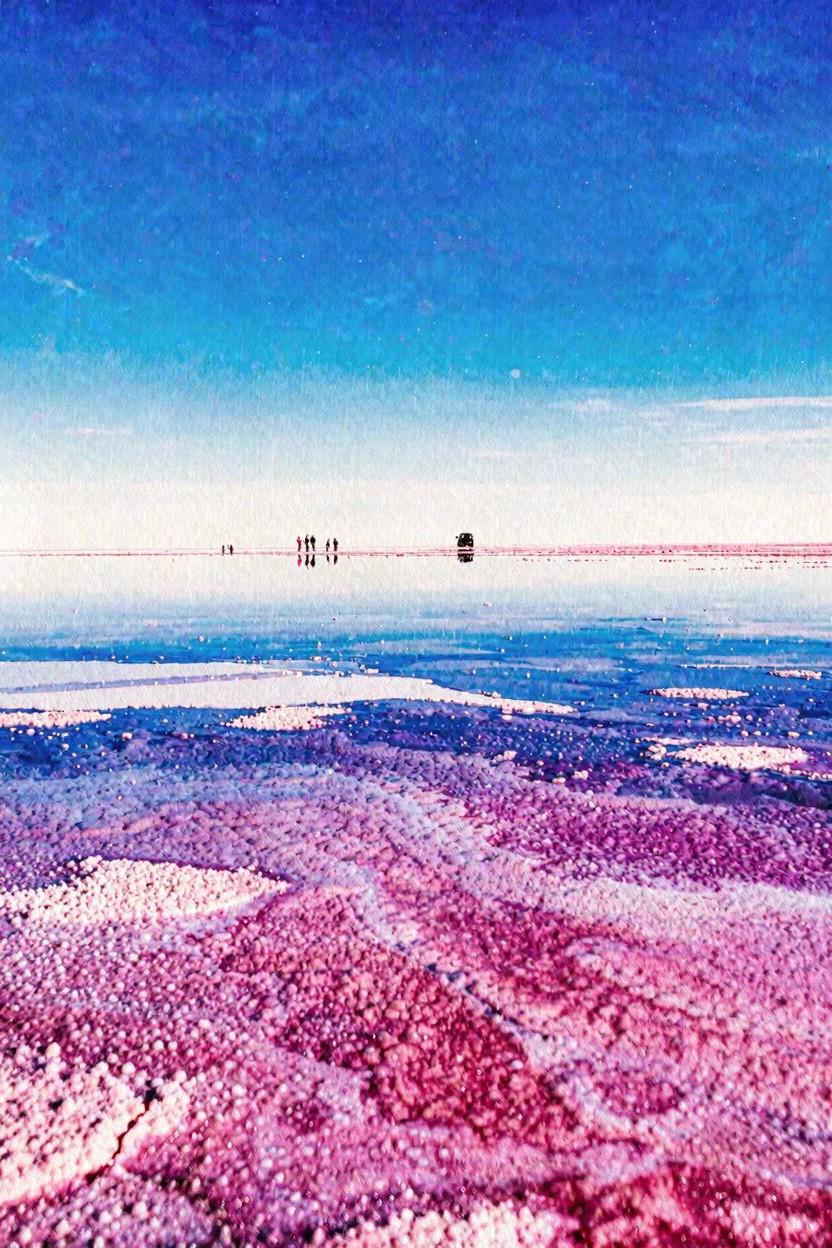 Vivid pink salt flats with distant figures and vehicle reflected on glassy water under blue sky.