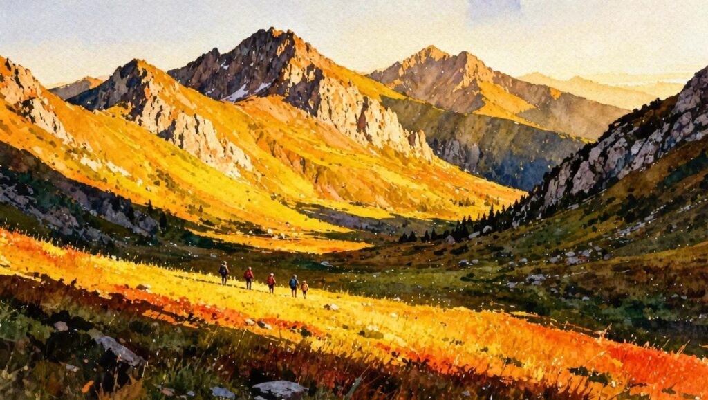 21 Realistic Landscape Painting Ideas Focused on Light, Scale, and Detail A photo of a golden-lit mountain ridge with hikers on the trail and a rocky colorful foreground.