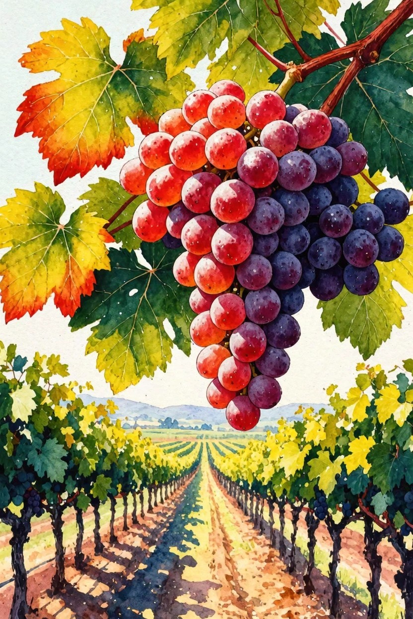 Watercolor of red-purple grapes on vine with autumn leaves above vineyard rows.
