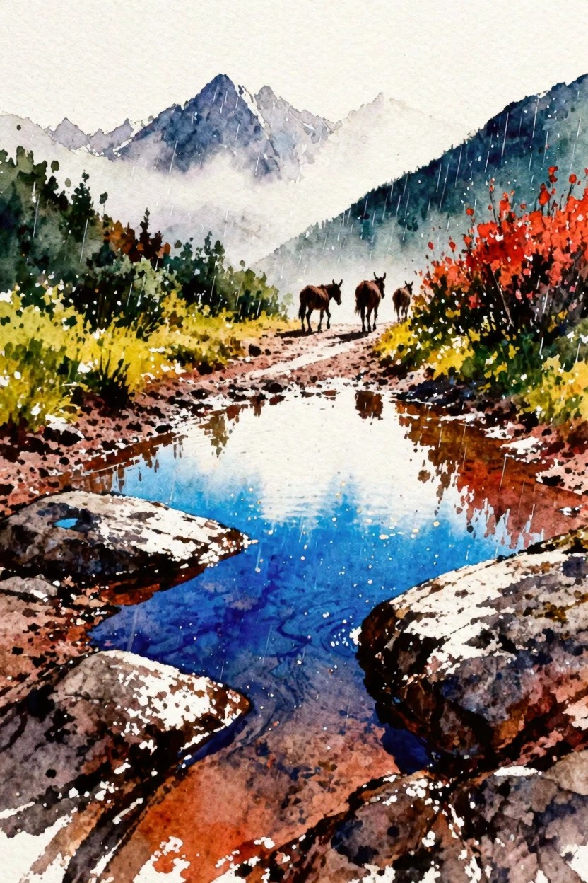 Three horses on rainy mountain path beside blue stream with autumn foliage