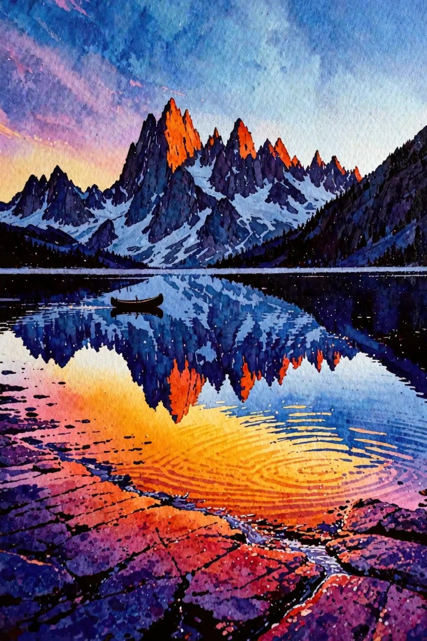 Watercolor of jagged peaks glowing orange at sunset, reflected in a lake with a small boat.