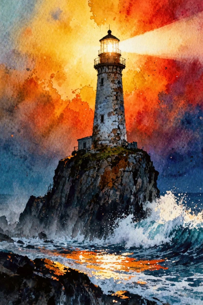 Watercolor lighthouse on rocky cliff beaming light over crashing waves at sunset