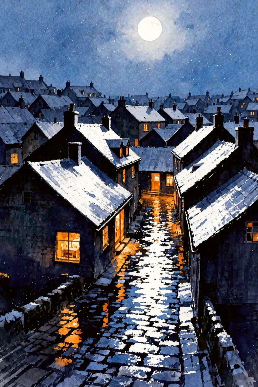 A painting of snow-covered houses along a wet cobblestone street at night under a full moon, with warm light from windows reflecting on the ground.