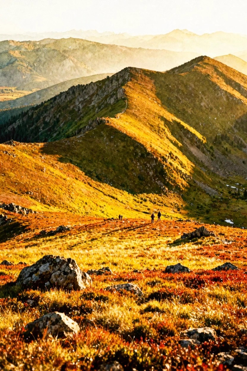 A photo of a golden-lit mountain ridge with hikers on the trail and a rocky colorful foreground.
