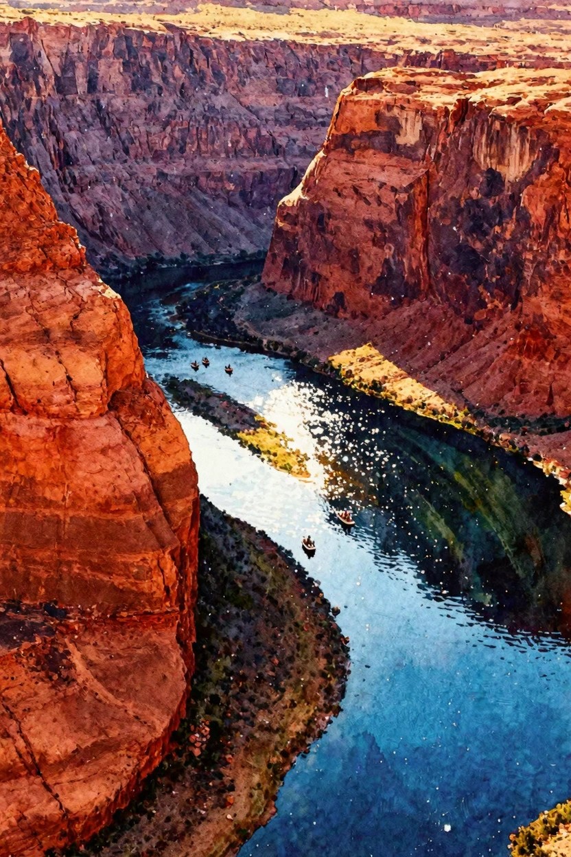 Red canyon walls frame a winding blue river with small boats in sunlight.