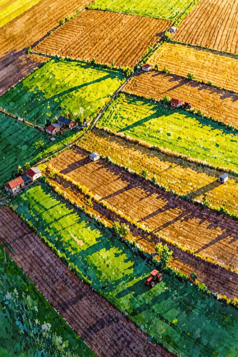 Aerial view of vibrant patchwork fields with houses and red tractors in watercolor style