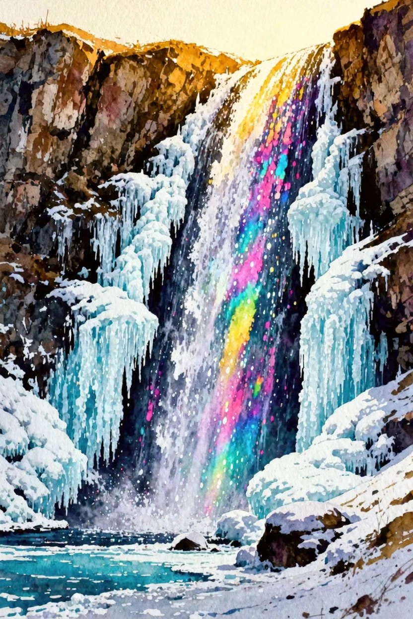 Vibrant rainbow waterfall cascading down snowy icy cliffs into turquoise pool.