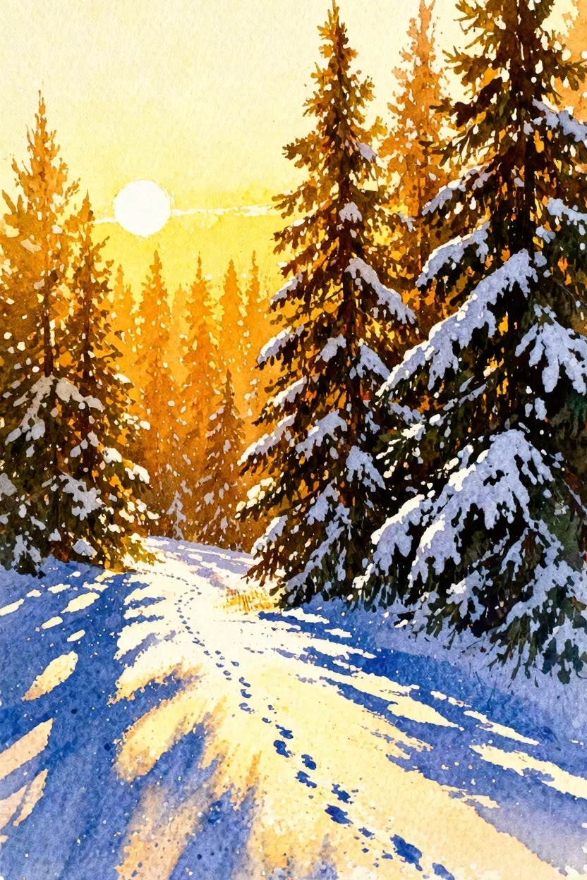 Sunlit snowy path with footprints winding through snow-covered pine trees in watercolor