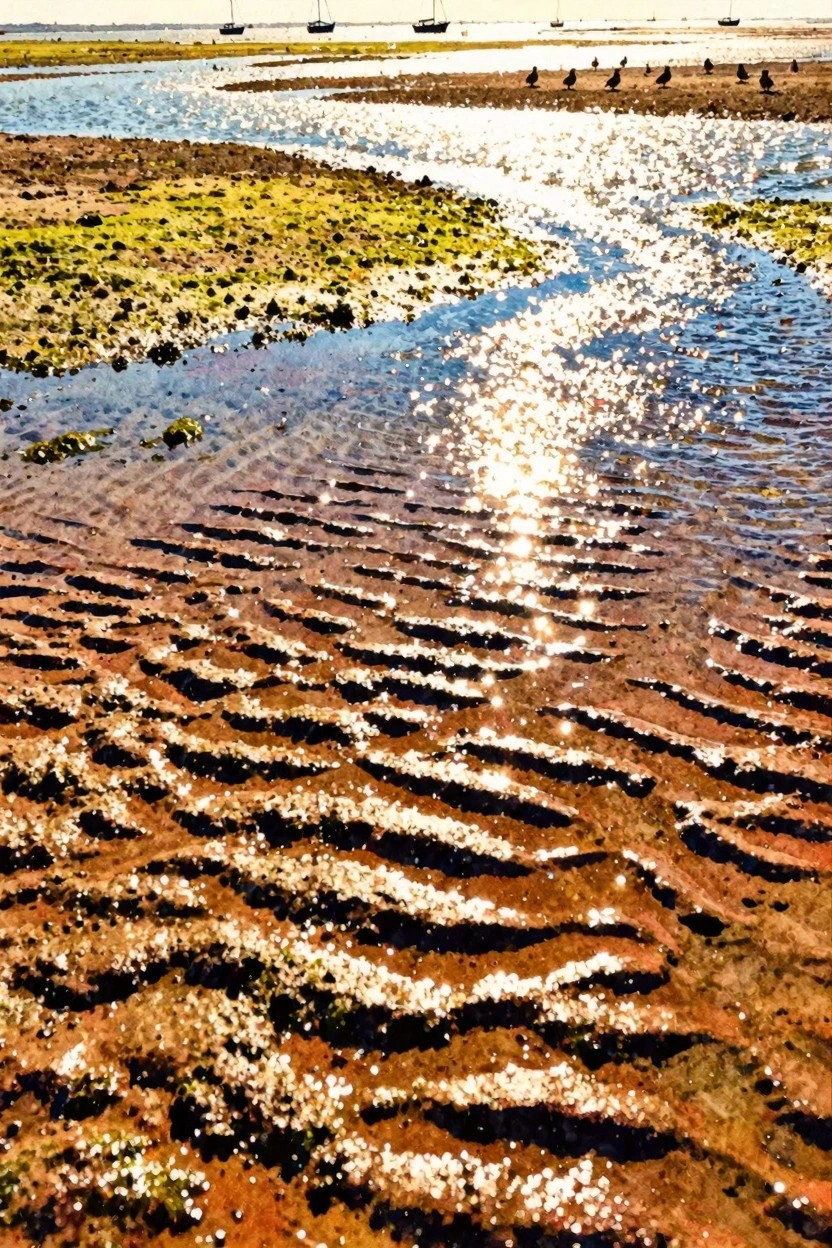 Sparkling sunlight on rippled mudflats with birds, green algae and distant sailboats