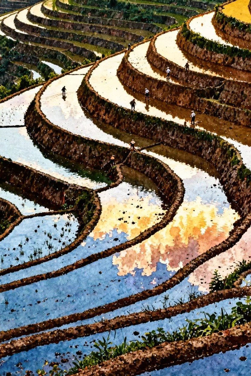 Farmers in hats on winding flooded rice terraces with sky reflections