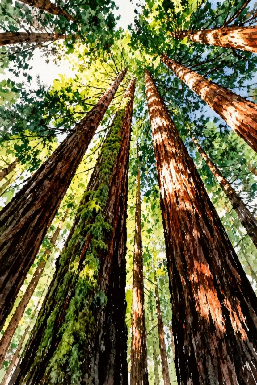 Tall mossy trunks rise skyward beneath a sunlit green canopy