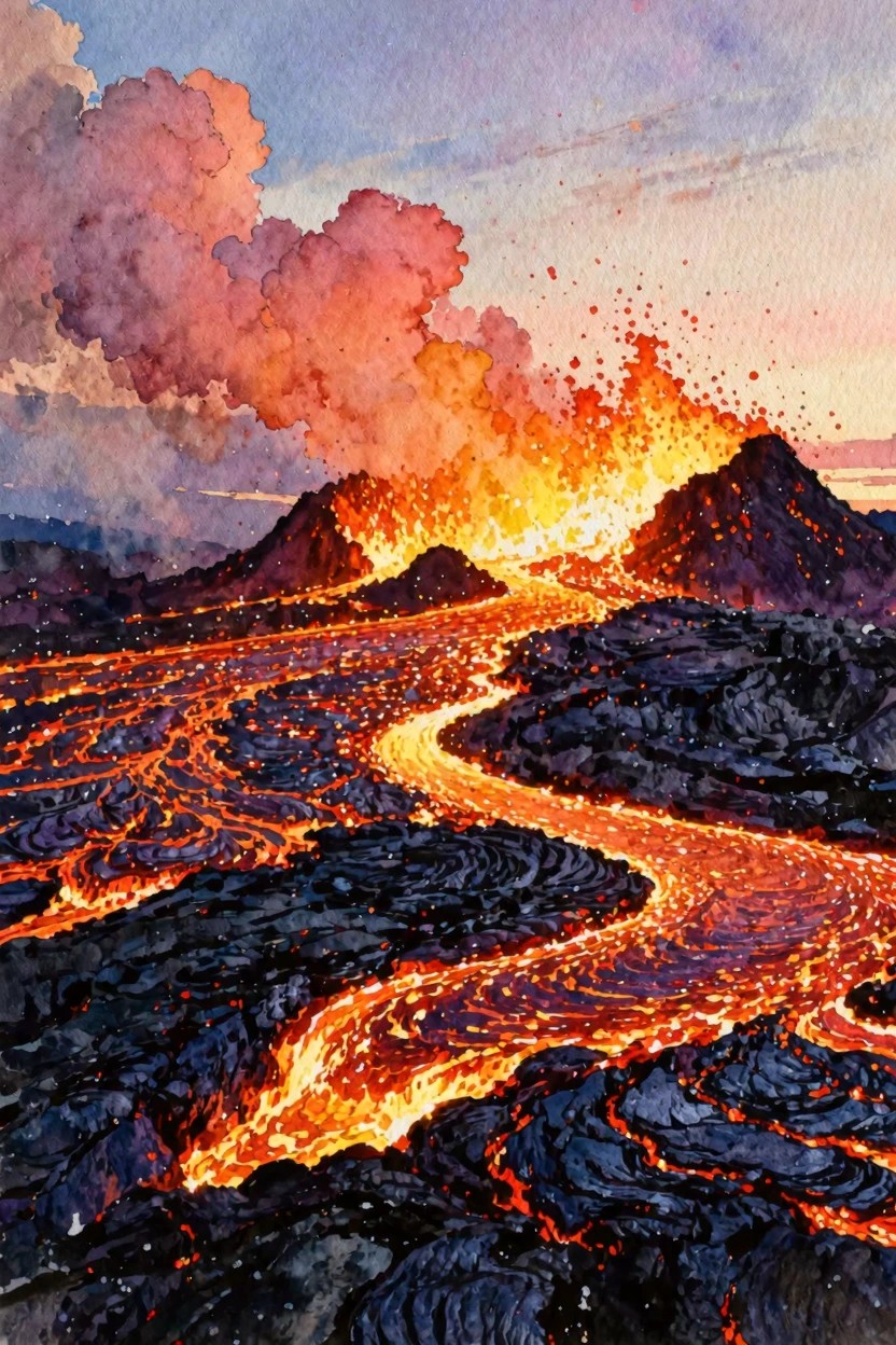 Watercolor of bright lava flows winding from erupting volcano across dark rocky terrain
