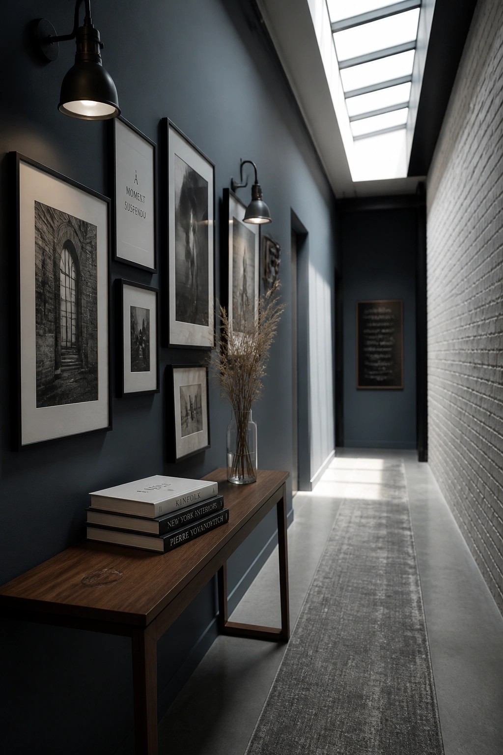 A hallway painted in deep blue-gray with a wooden console table below framed prints.