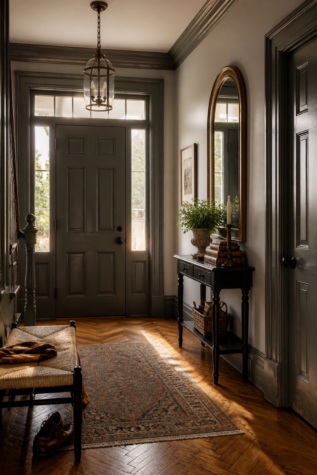 Entryway with deep charcoal gray walls and herringbone wood floors.